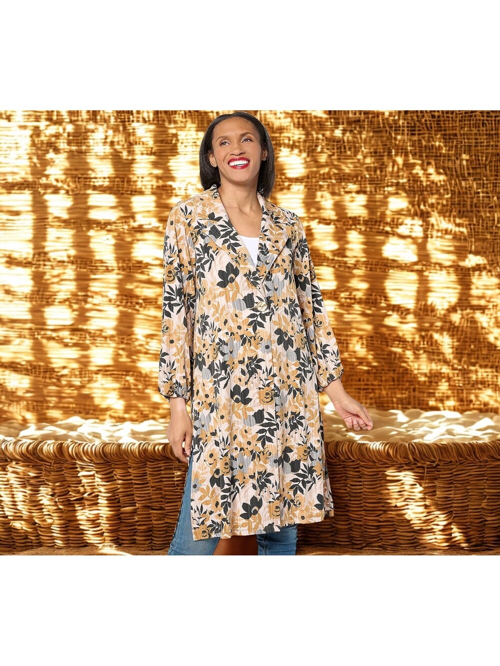 Susan Graver Regular Printed Liquid Knit Duster with Blouson Sleeves SIZE XXS